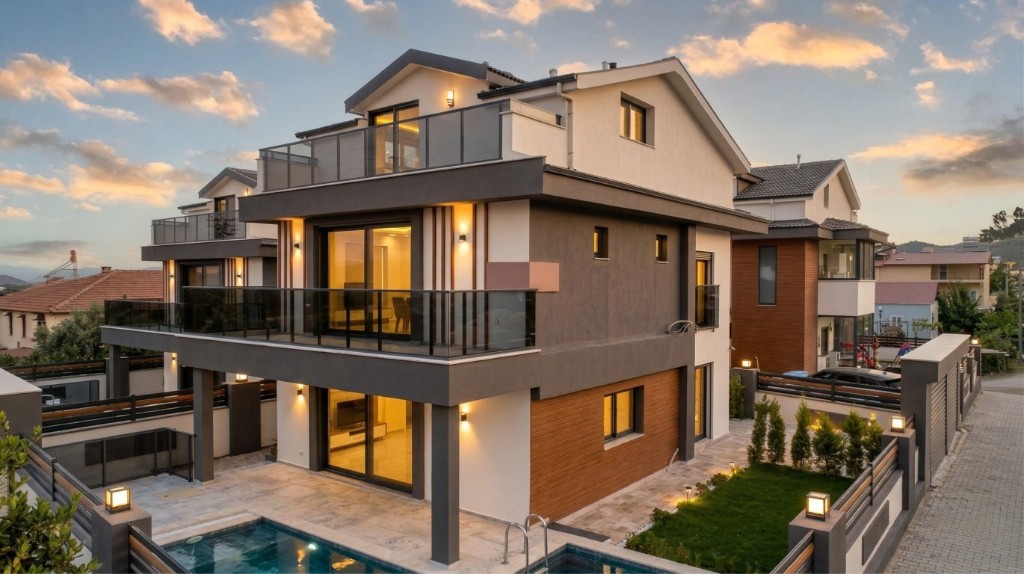 Günbatımında modern üç katlı lüks villa — havuz ve çağdaş cephe