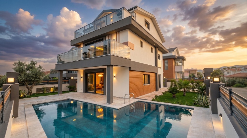 Günbatımında lüks villa — havuz, teras ve manzaralı bahçe