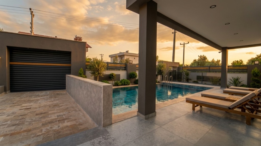 Modern arka bahçe — yüzme havuzu, kapalı teras ve dinlenme alanı