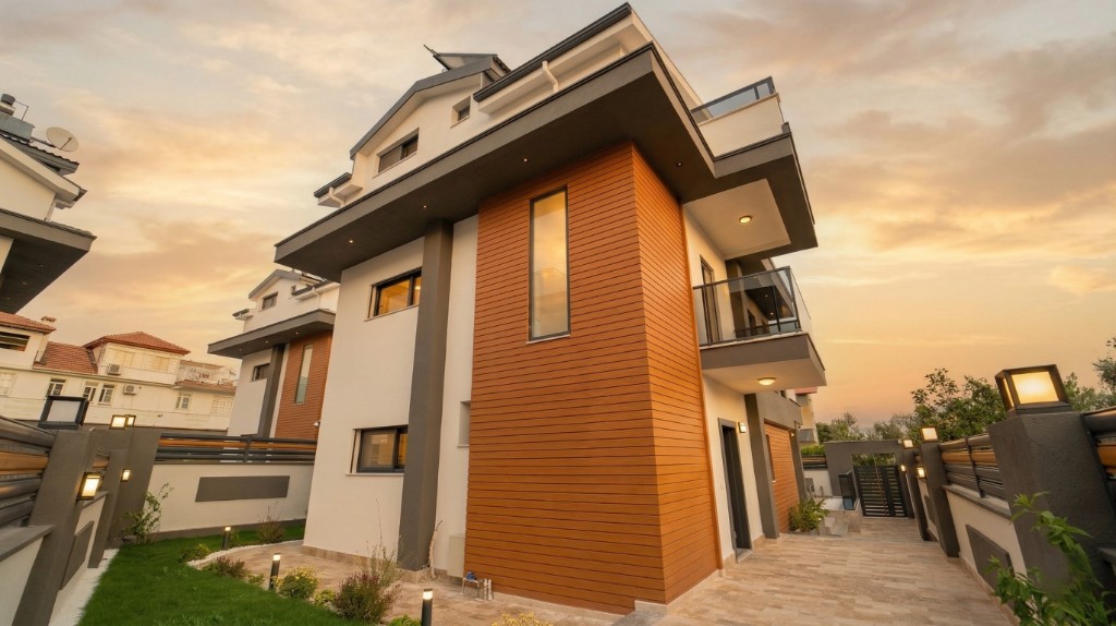 Alçak açıdan çağdaş villa cephesi — ahşap detay ve günbatımı